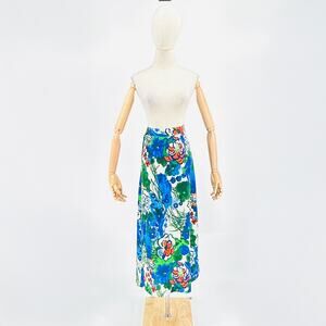 70s Handmade Blue Green Painterly Abstract Floral Maxi Skirt